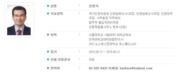 ▲지난해 8월 12일로 임기가 종료된 강명득 국가인권위원회 비상임위원 사진이 여전히 인권위원회 홈페이지에 올라와 있다.